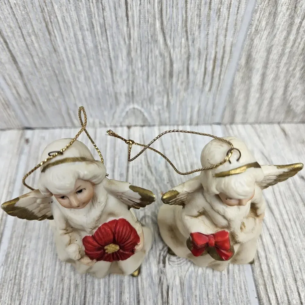 Vintage Homco Angel Christmas Ornaments Set of 2 Figurines Gold Wings Taiwan VTG